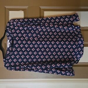 LOFT Dark Blue Blouse with Red and White Floral Design